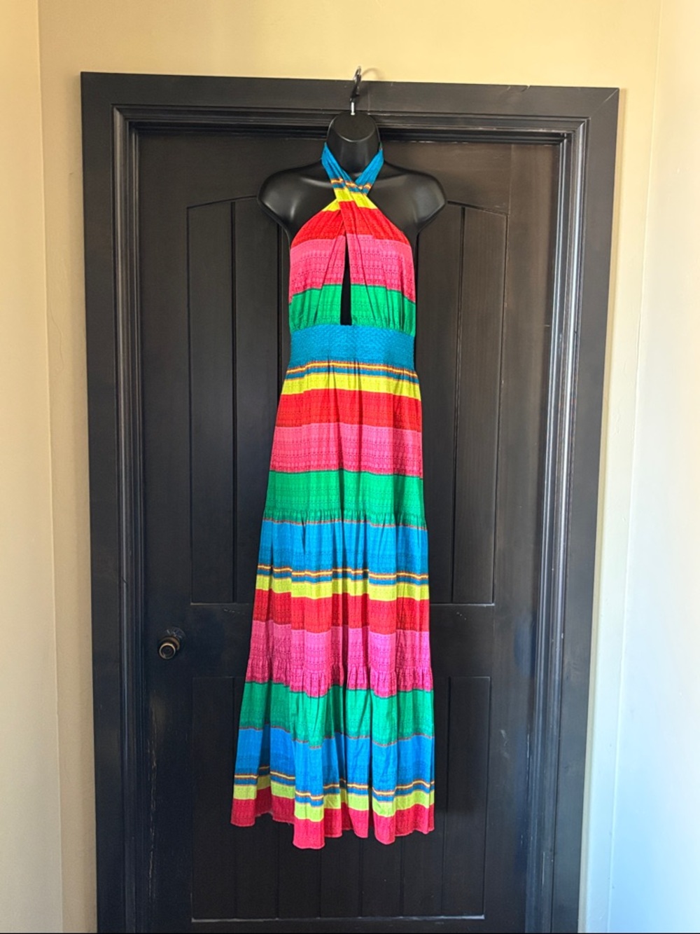 Colorblock Halter Maxi Dress in Bright Multi-Stripe